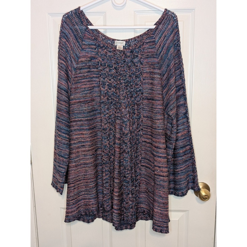 Avenue Pink Blue Tunic Long Sleeve Sweater Women's Size 22/24 2X Crochet Knit